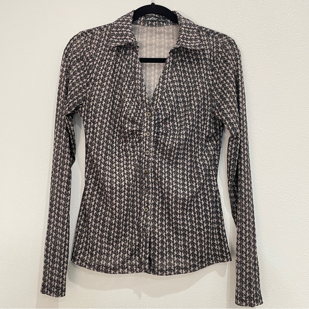 Aster Junior Size M Sheer Houndstooth Gold Metallic Ruched Button Down Blouse